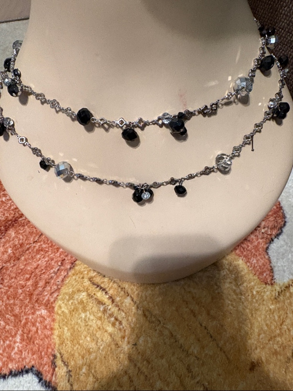 White House Black Market Silver-Tone Layered Necklace with Black and Clear Beads